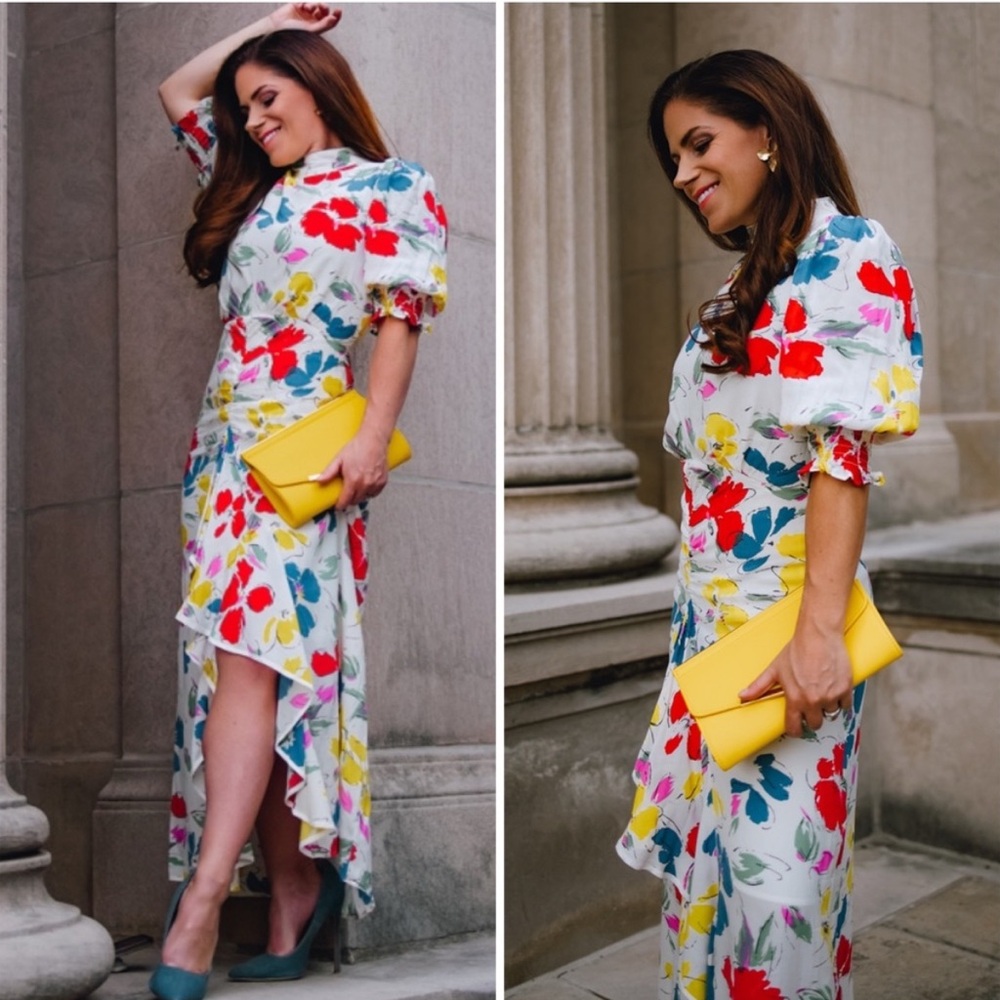 Rixo Floral Mock Neck Cascade Ruffle Plus Size Midi Dress Multicolor Sz 16
